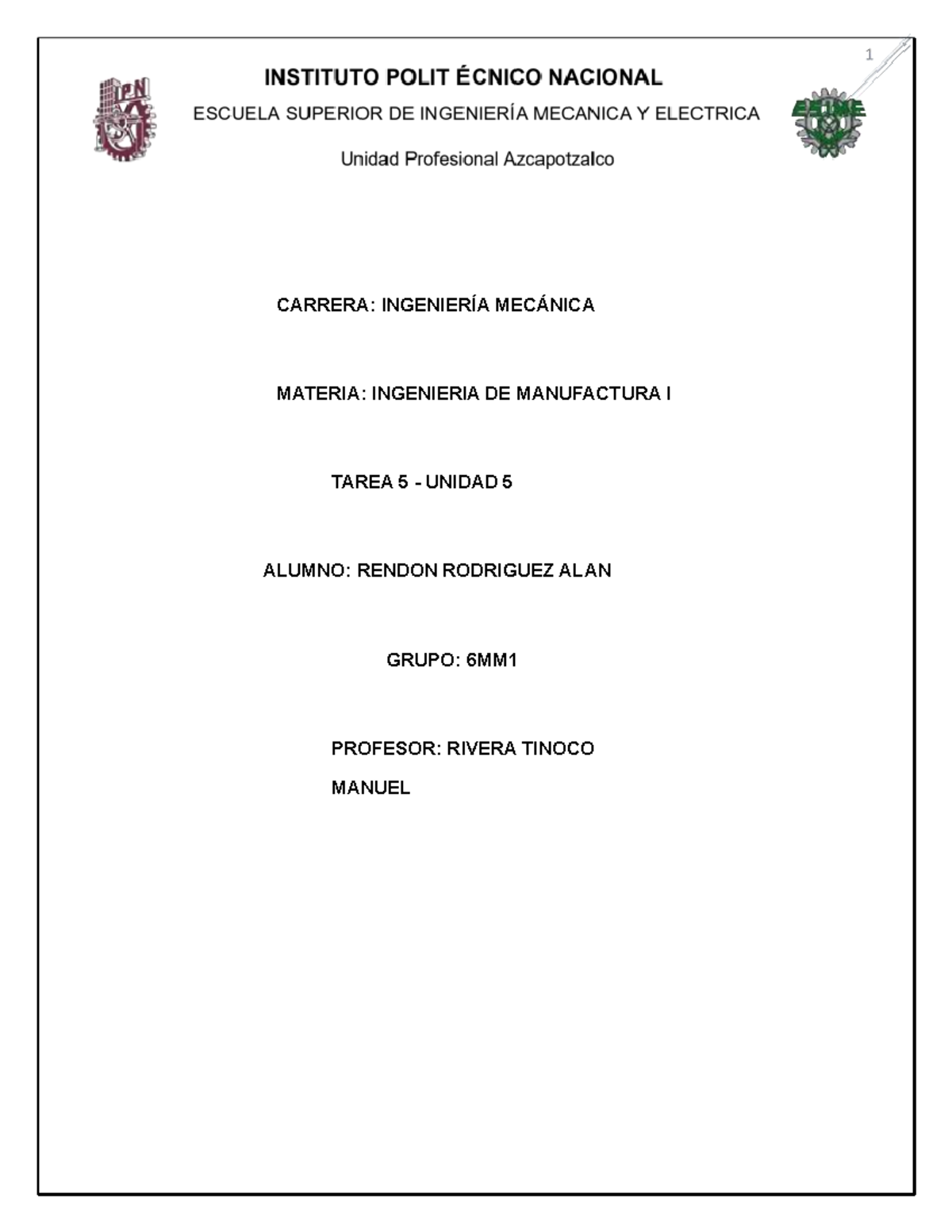 Tarea 5 Rendon Rodriguez ALAN - CARRERA: INGENIERÍA MECÁNICA MATERIA ...