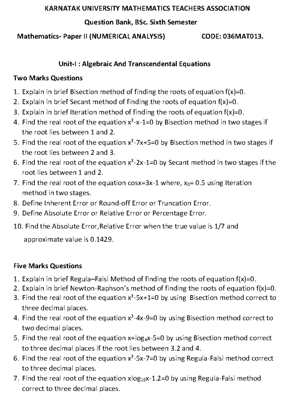 BSc VI Sem Mathematics P-II Question Bank: Numerical Analysis - Studocu