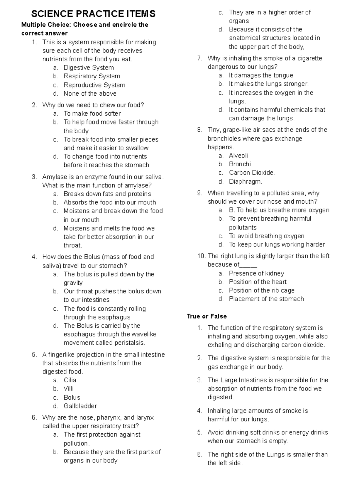 SCIENCE PRACTICE TEST: Digestive & Respiratory Systems - Studocu