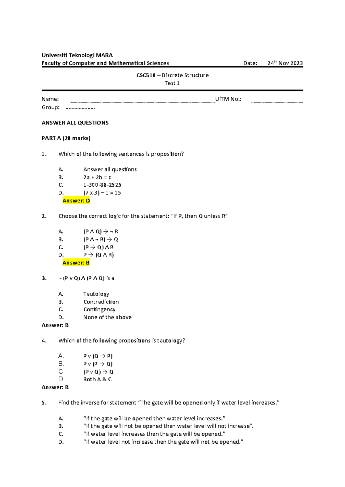 CSC510 Test 1 Answer Scheme – Discrete Structure 2023 Nov 24 - Studocu