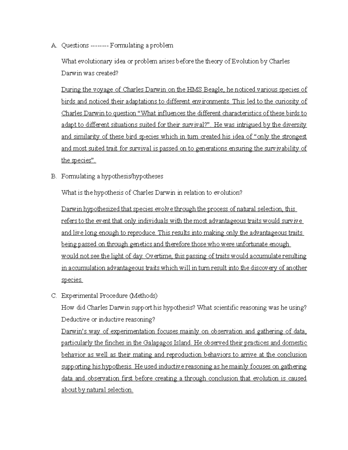 Theory-Charles Darwin - A. Questions - Formulating a problem What ...