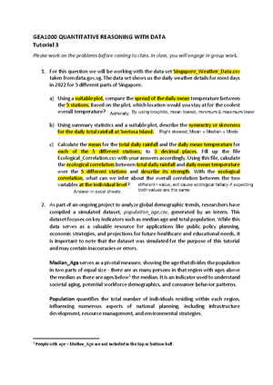 Tutorial 1 - Worksheet - GEA1000 QUANTITATIVE REASONING WITH DATA ...