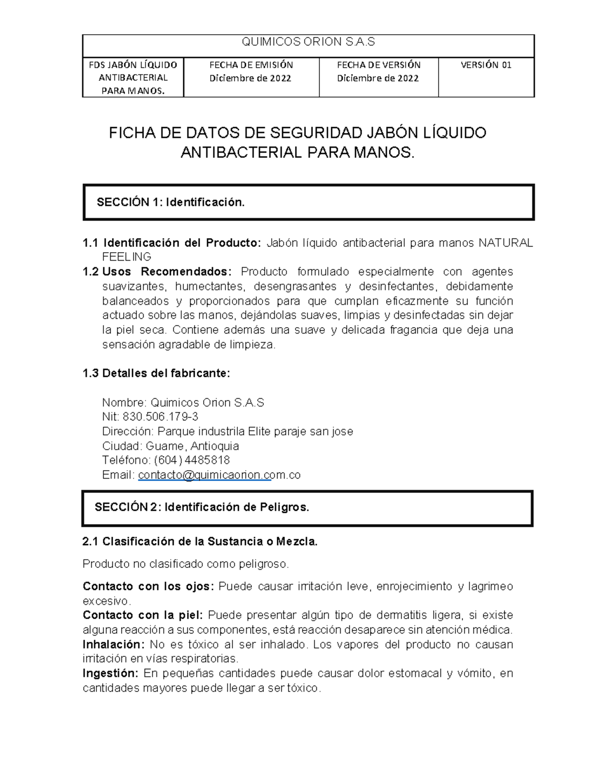 FDS 01 Jabón Líquido Antibacterial para Manos Natural Feeling - Document Preview