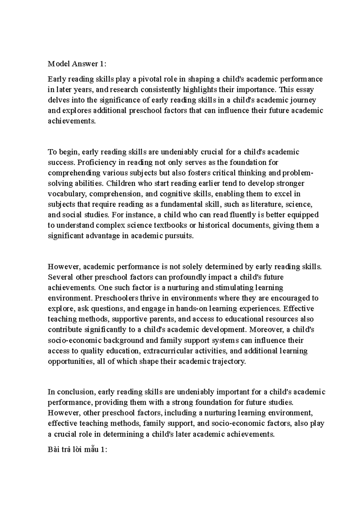 Model Answer 1: The Impact of Early Reading Skills on Academic Success ...