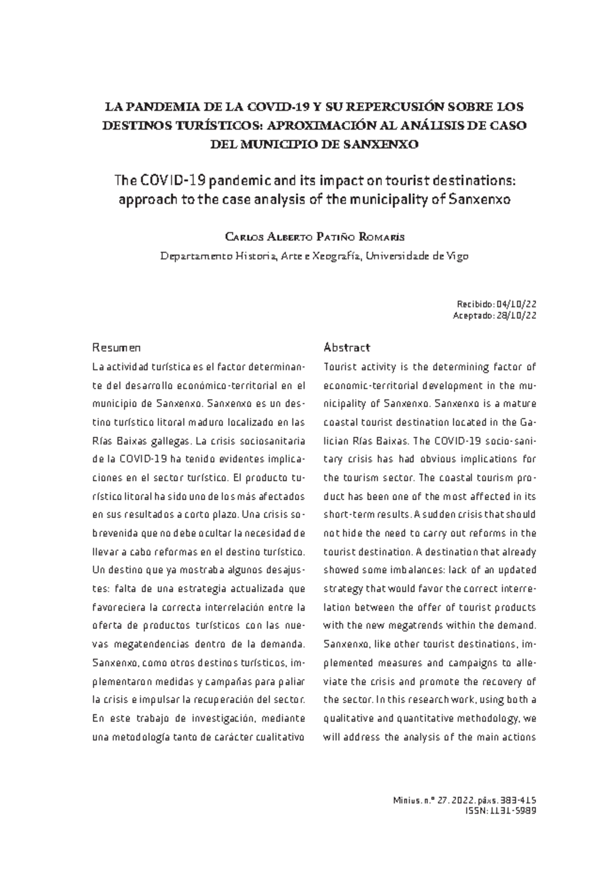 LA Pandemia DE LA Covid-19 Y SU Repercusión Sobre LOS - Minius, n.º 27 ...