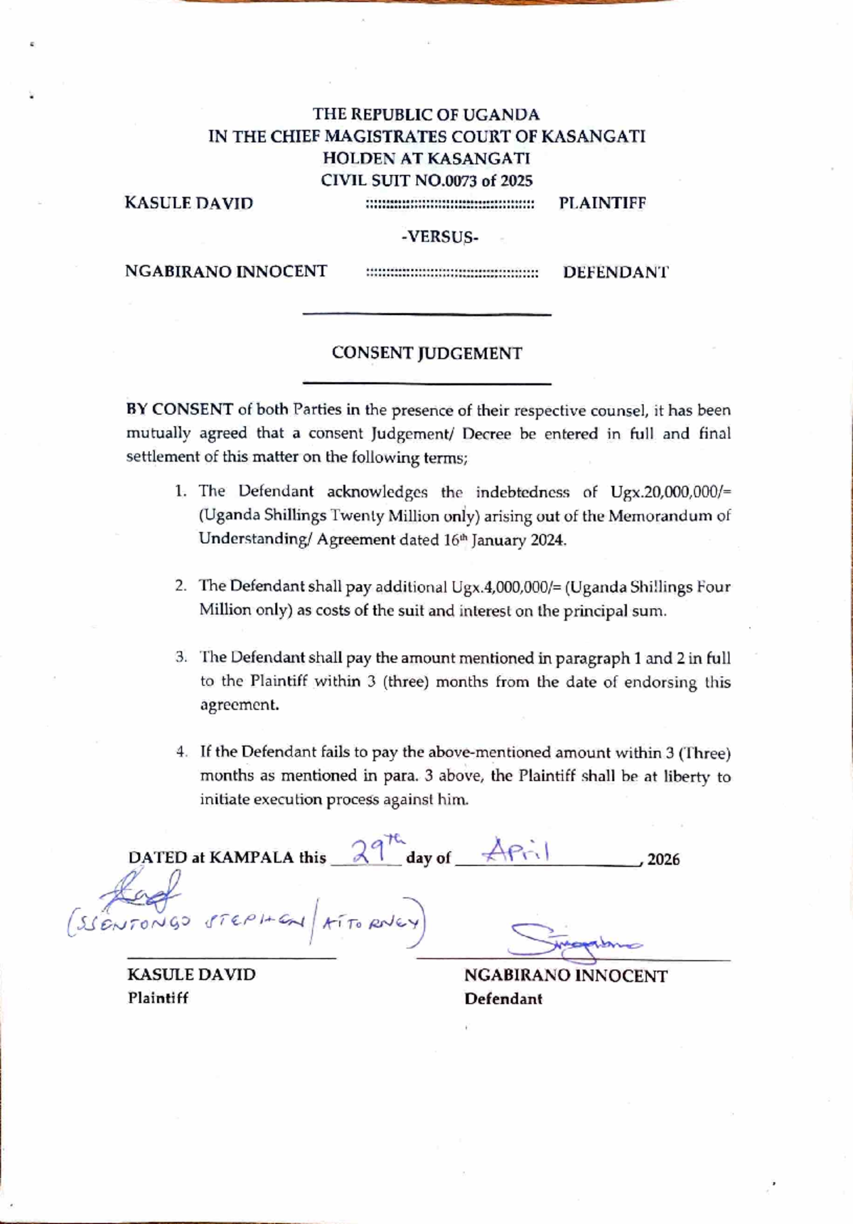 Consent Judgment: Kasule vs. Ngabirano - Civil Suit No. 0073/2025 - Studocu
