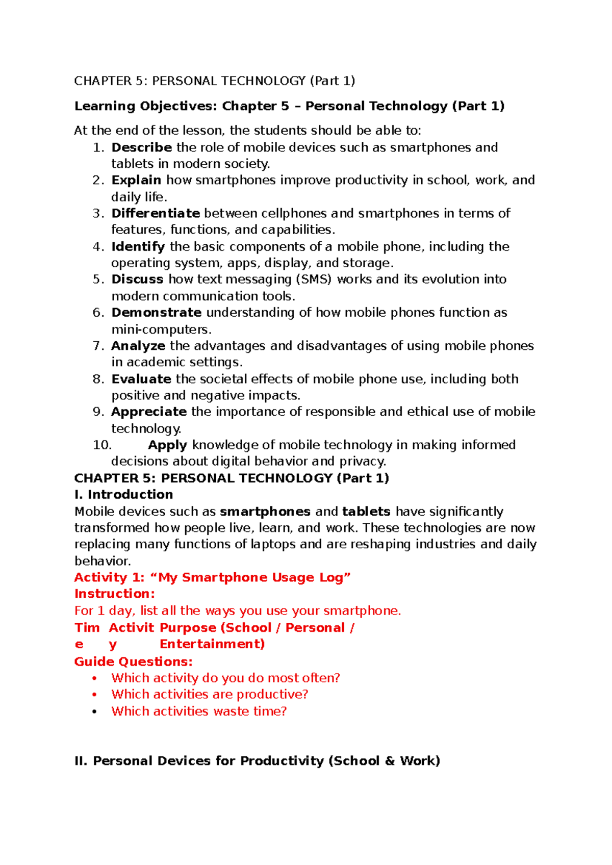 CHAPTER 5: PERSONAL TECHNOLOGY (Part 1) - LECTURE NOTES - Studocu