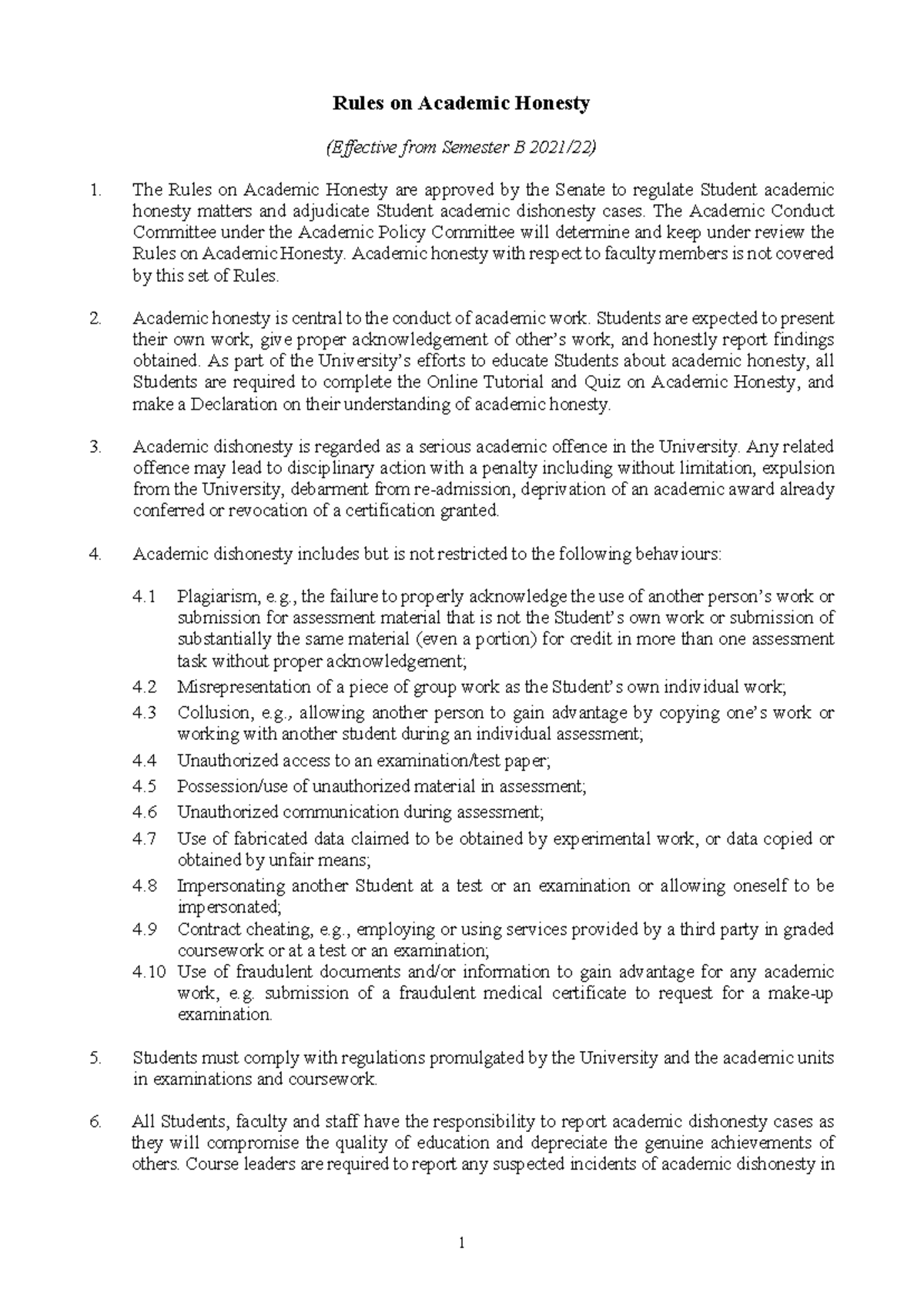 Rules on Academic Honesty (Effective Semester B) - Studocu