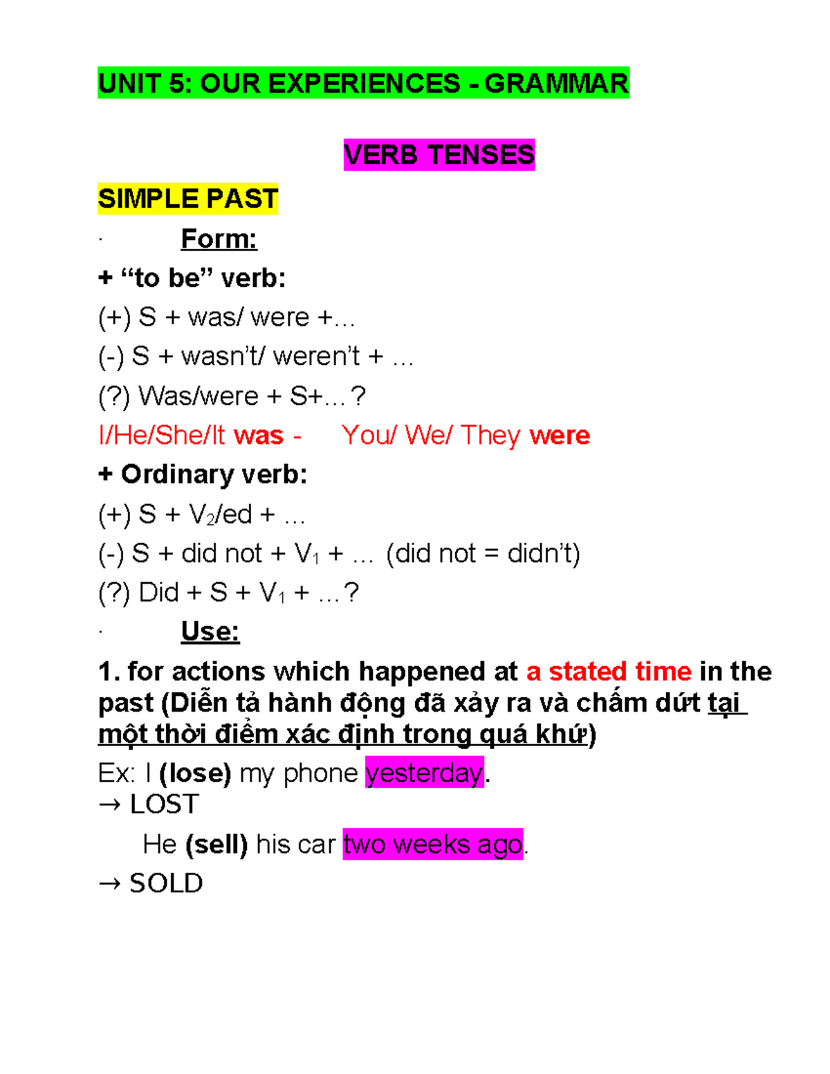 Grammar and Vocabulary: UNIT 5 - Our Experiences - Studocu