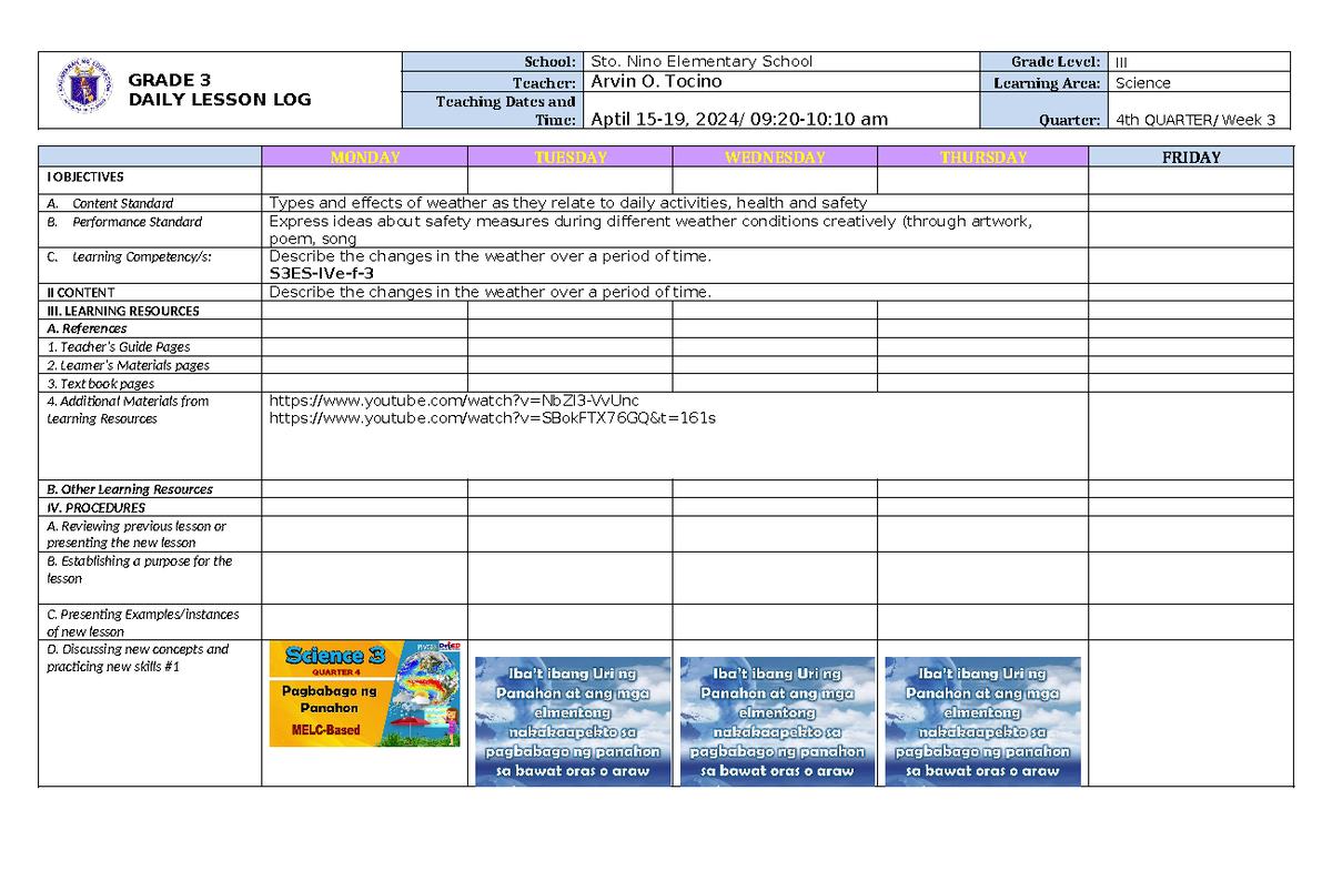 DLL Science 3 Q4 W3 - Weather Changes Daily Lesson Log - Studocu