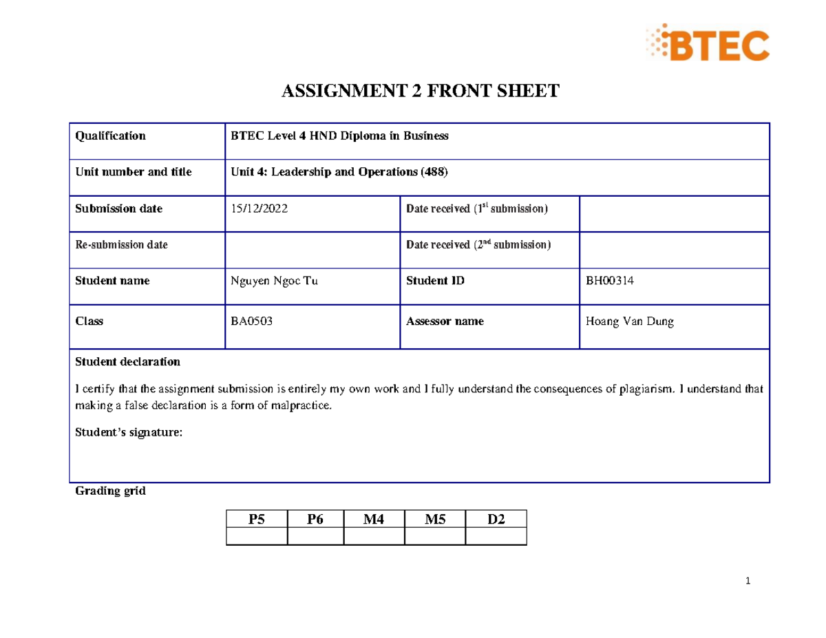 ASM2 Nguyenngoctu BH00314 - ASSIGNMENT 2 FRONT SHEET Qualification BTEC ...