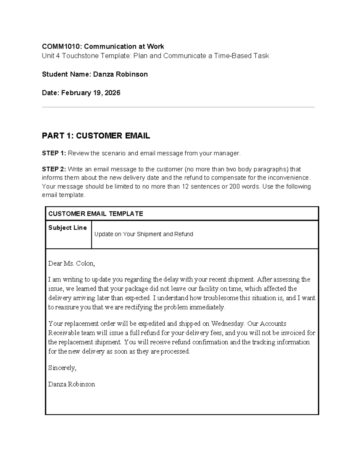 COMM1010: Unit 4 Touchstone Template for Customer Communication - Studocu
