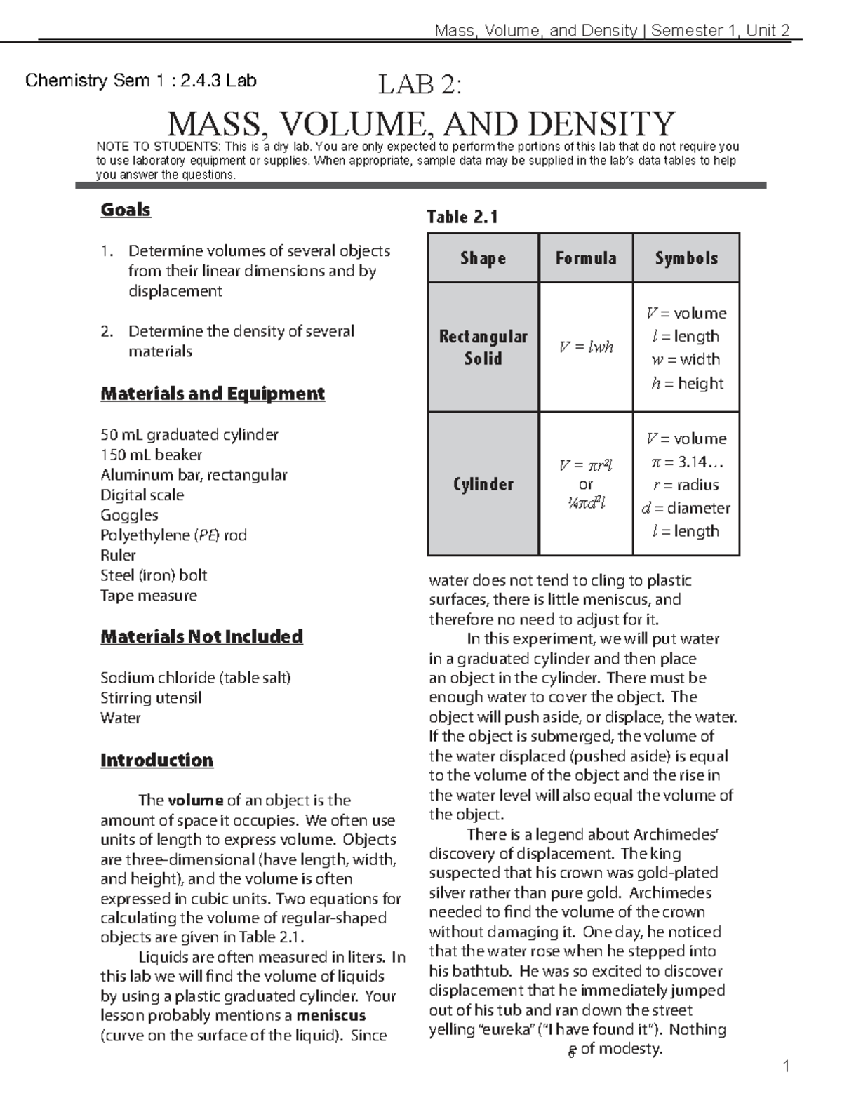 Chemistry Sem 1: 2.4.3 Lab on Mass, Volume, and Density Concepts - Studocu