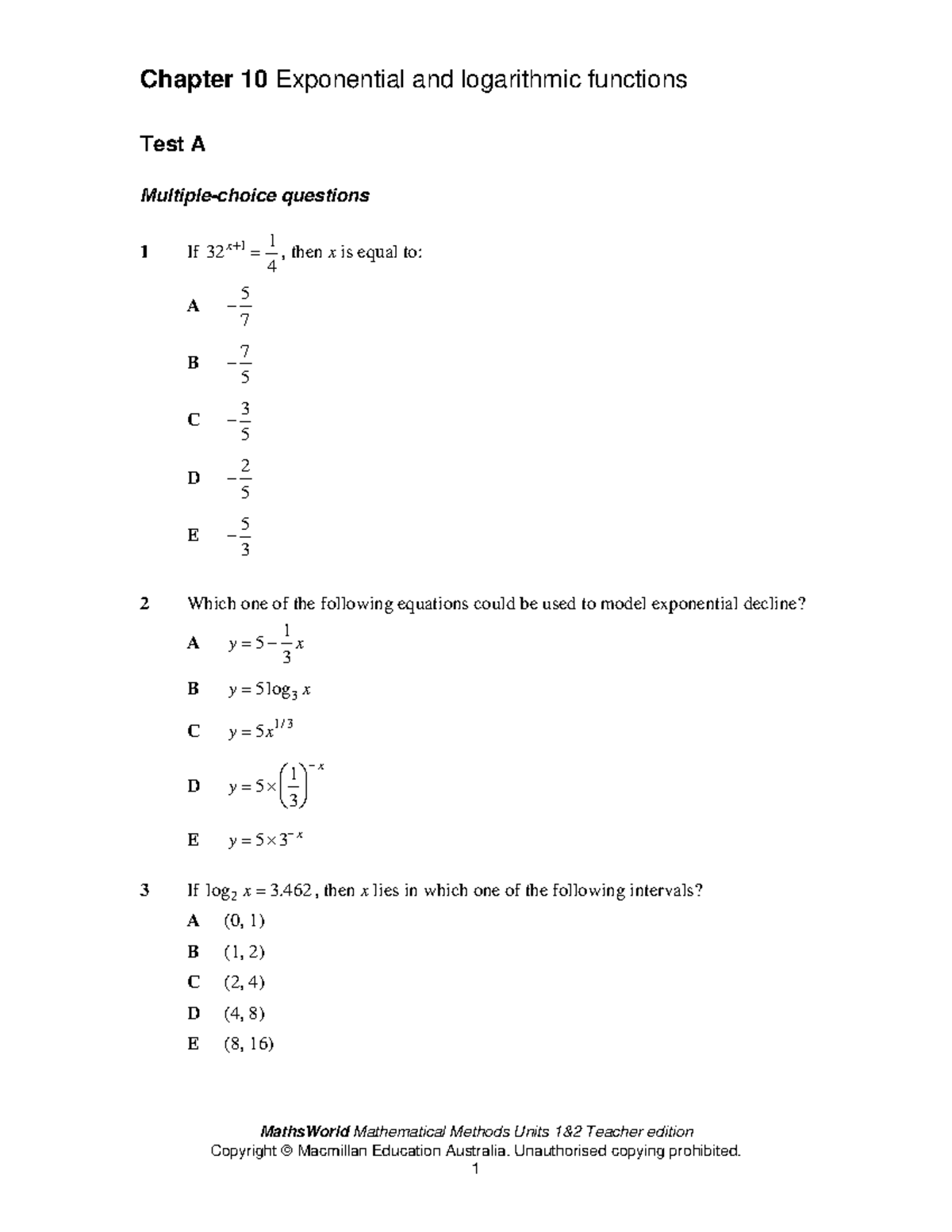Ch10 Exp & Log Functions Test A Questions & Answers - Studocu