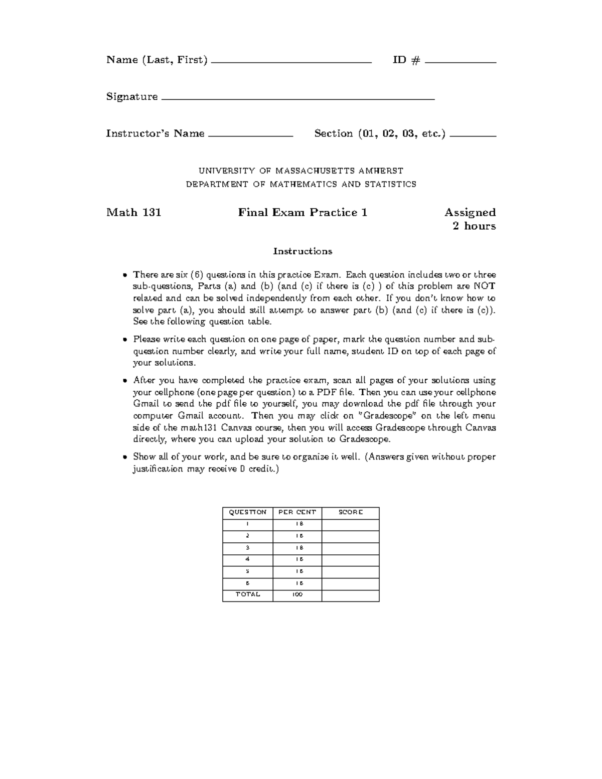 Math 131 Final Exam Practice 1 - Solutions and Guidelines - Studocu