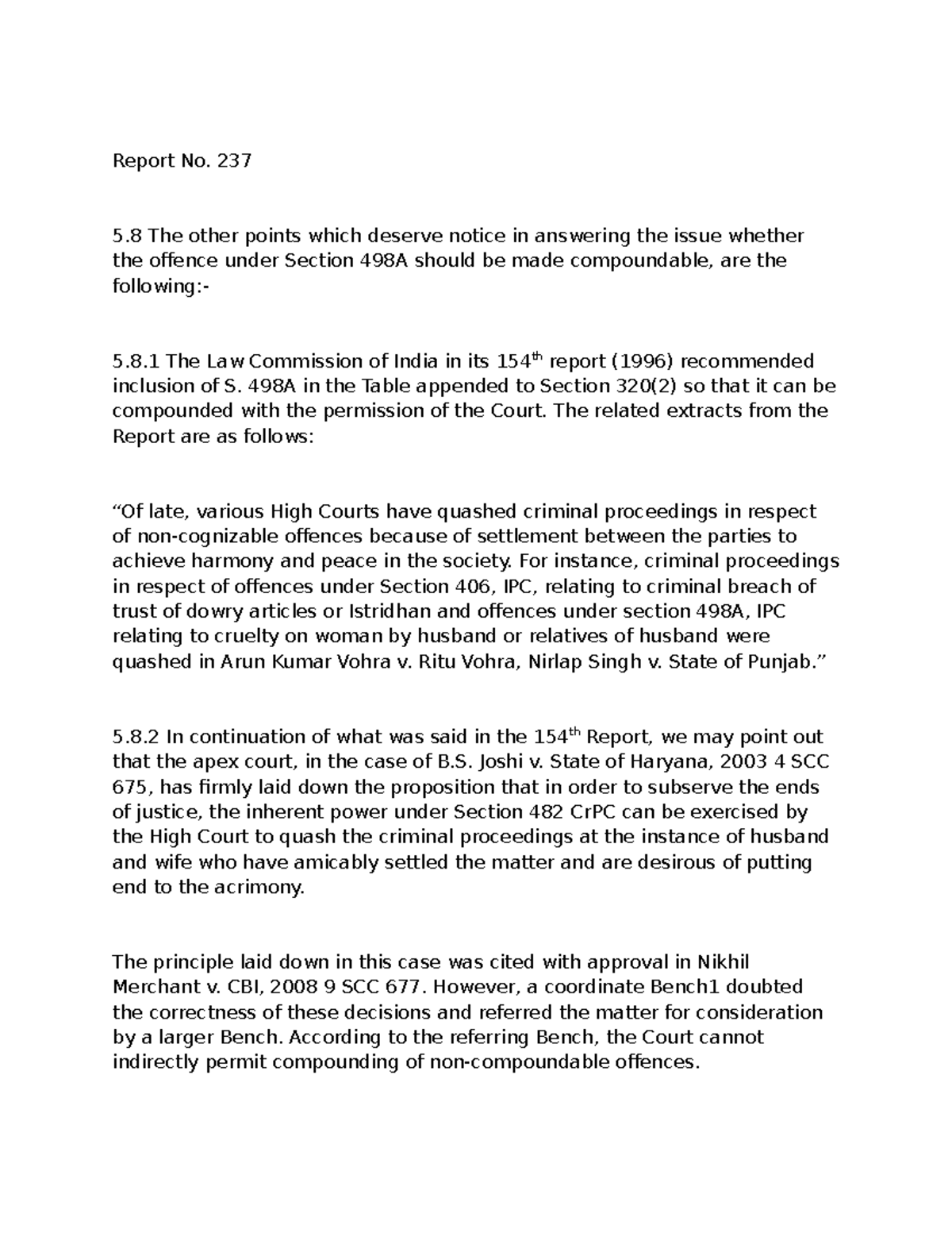 Law Commission Recommendations on Making Section 498A IPC Compoundable ...