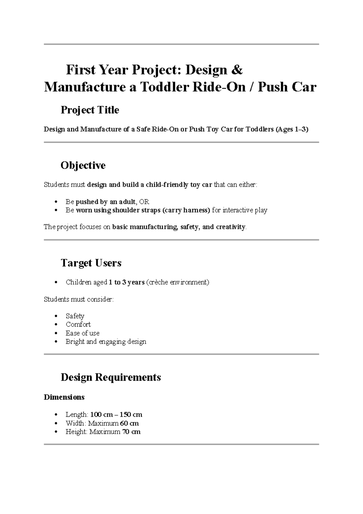 First Year Project: Design & Manufacture of a Toddler Push Car - Studocu