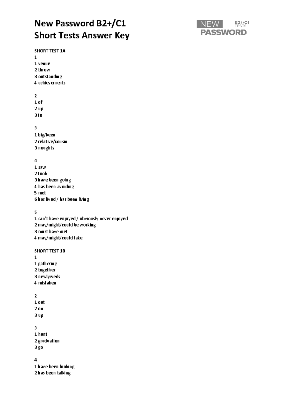 New Password B2+ C1 Short Test Answer Key - Studocu