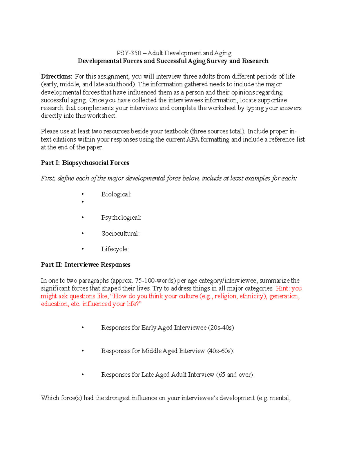 PSY-358-RS- Successful Aging & Developmental Forces Assignment - Studocu