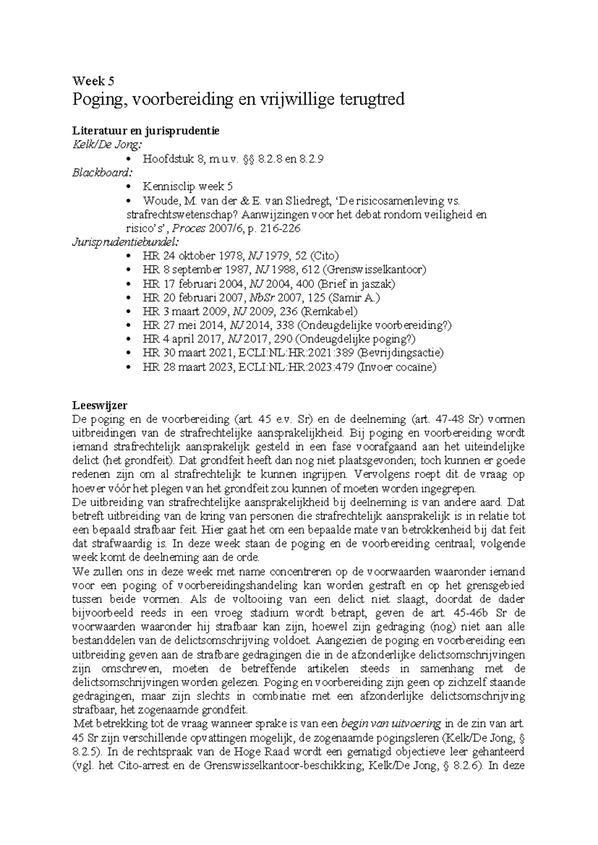 Werkboek Week 5 - Strafbare Poging en Voorbereiding - Studeersnel