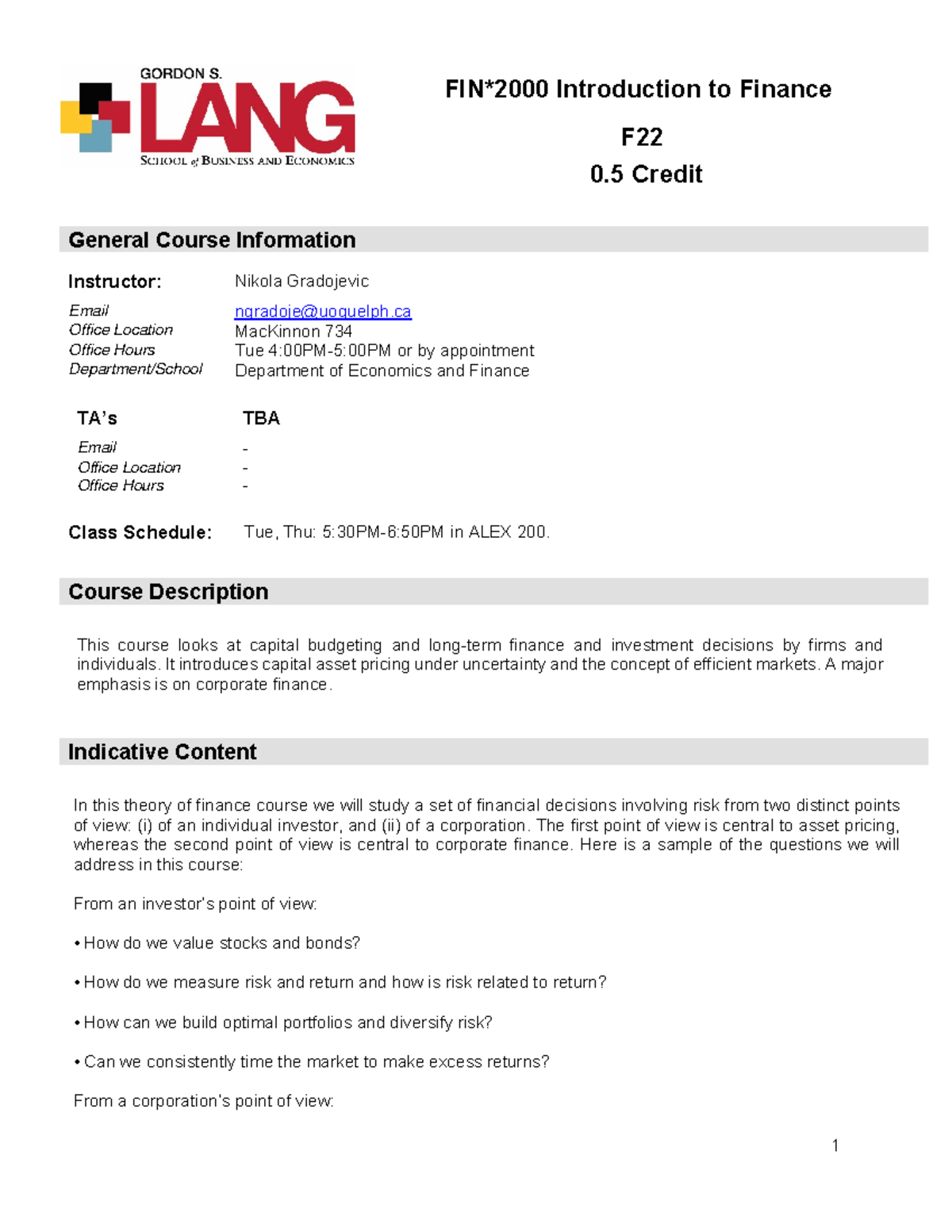 FIN 2000 Intro to Finance - Course Outline & Syllabus Overview - Studocu