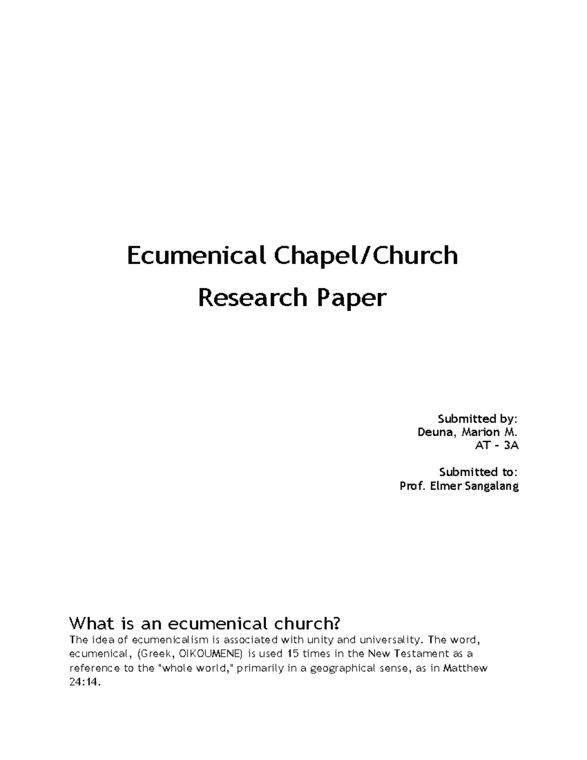 AT-3A Ecumenical Chapel Research Paper: Unity in Diversity - Studocu
