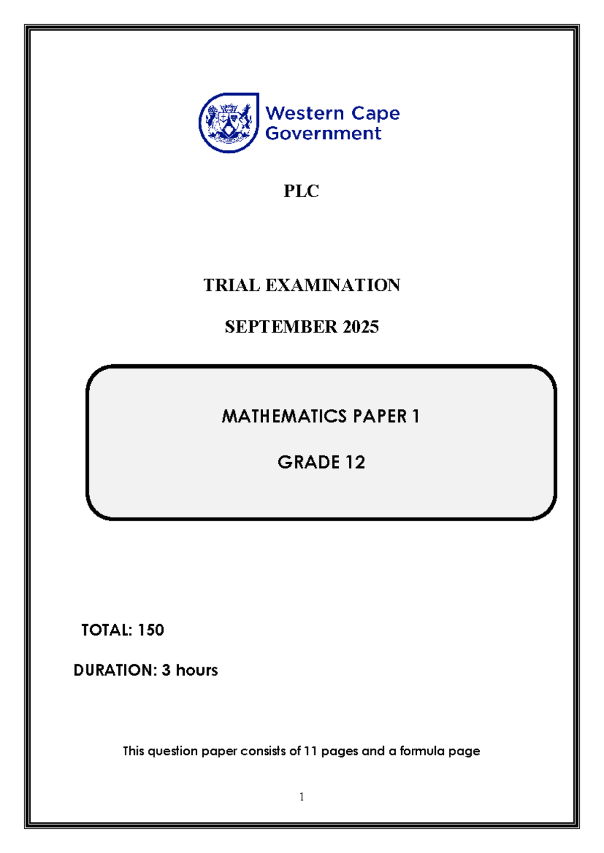 Gr 12 MATH P1 TRIAL EXAM SEPT 2025 - TOTAL 150 MARKS - Studocu