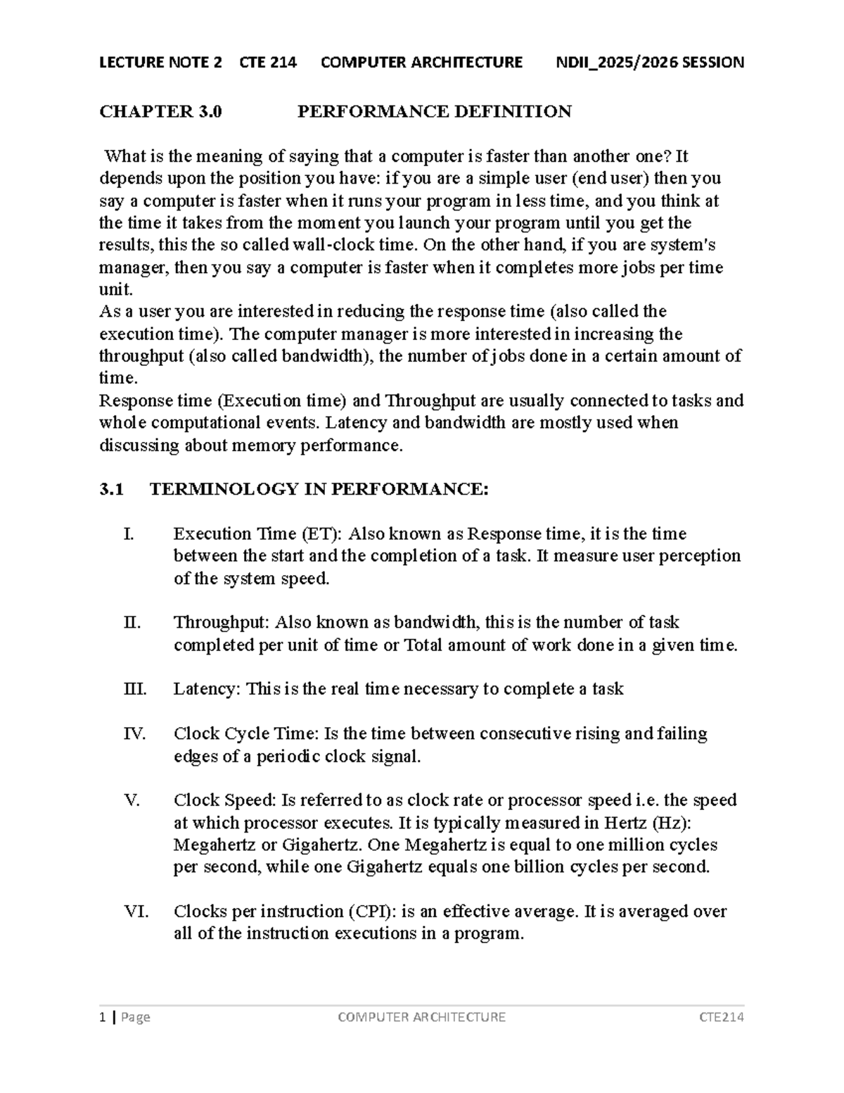2026 ND II CTE 214 Lecture Notes on Computer Architecture Performance ...