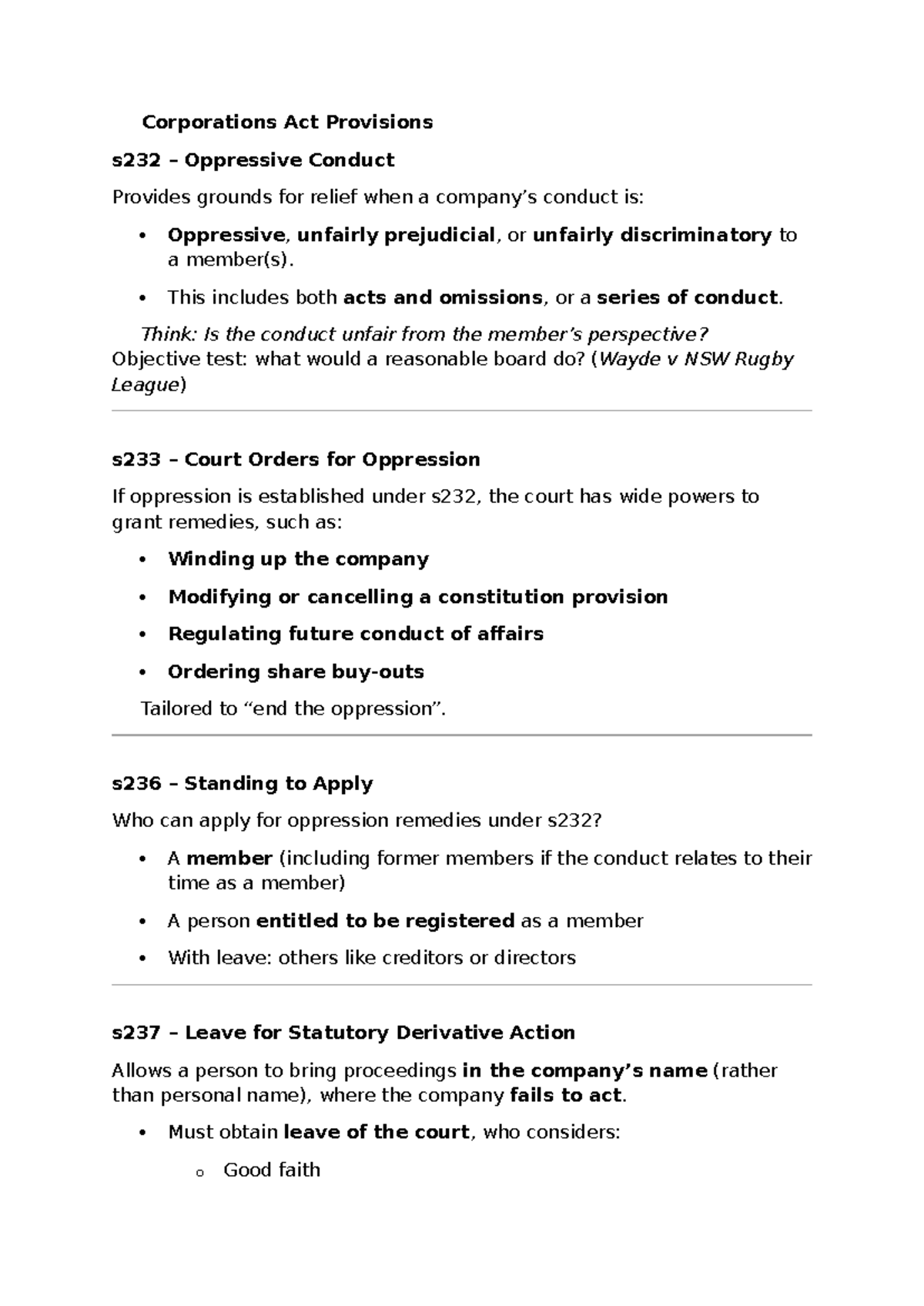 WK12 Notes - Statutory & Key General Law Cases on Oppressive Conduct ...