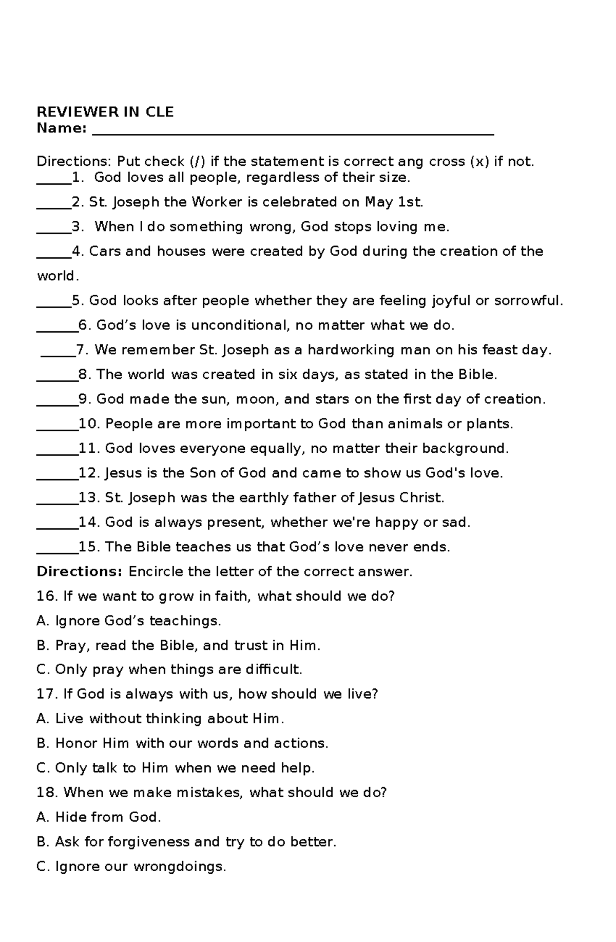 REVIEWER IN CLE: 1st Quarterly Assessment on God's Love and Teachings ...