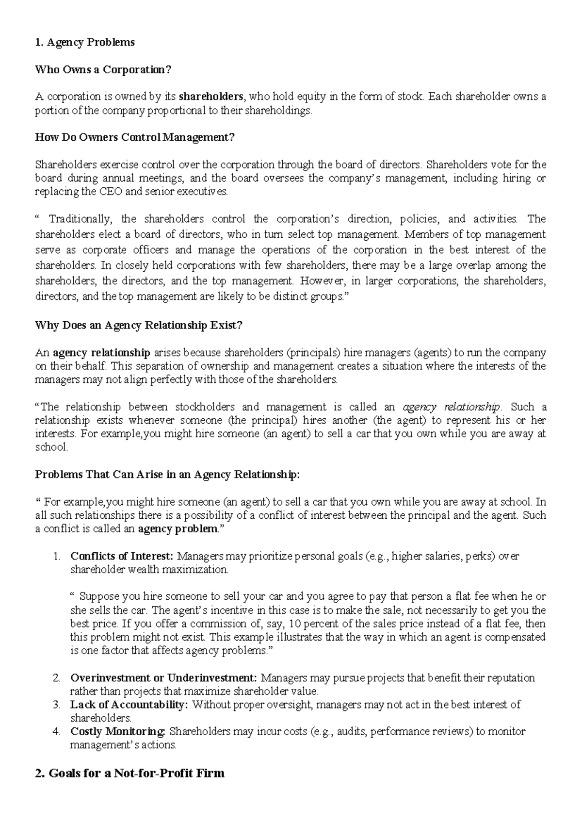 Tut 1 - Agency Problems and Shareholder Control Solutions - Studocu