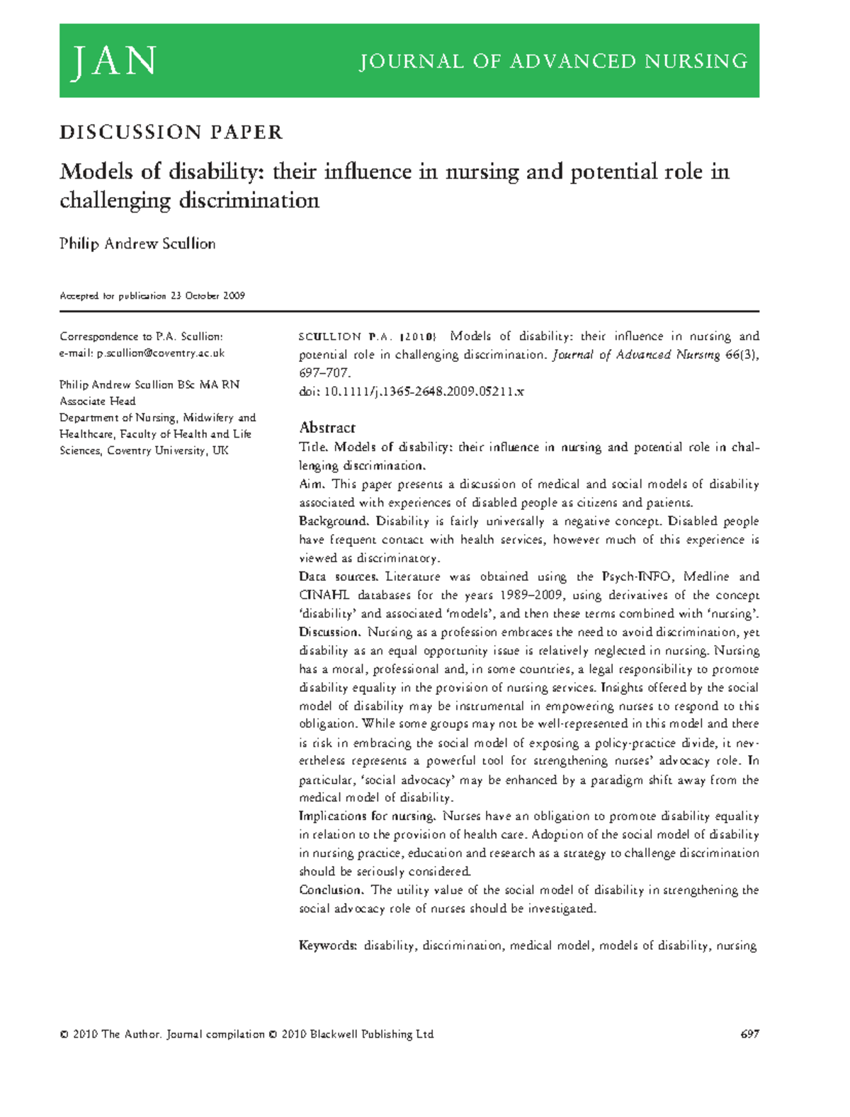 Models of Disability in Nursing: Challenging Discrimination (JAN) - Studocu