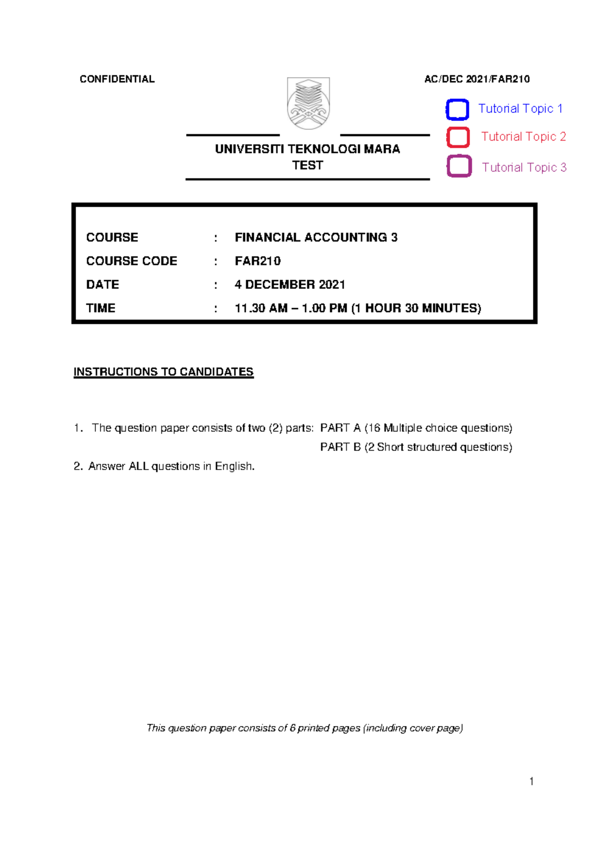 FAR210 Test Paper: Financial Accounting 3 T1-T3 MCQs & Short Questions ...
