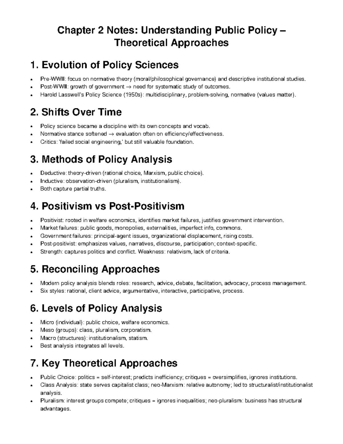 Chapter 2 Notes: Theoretical Approaches to Public Policy Analysis - Studocu