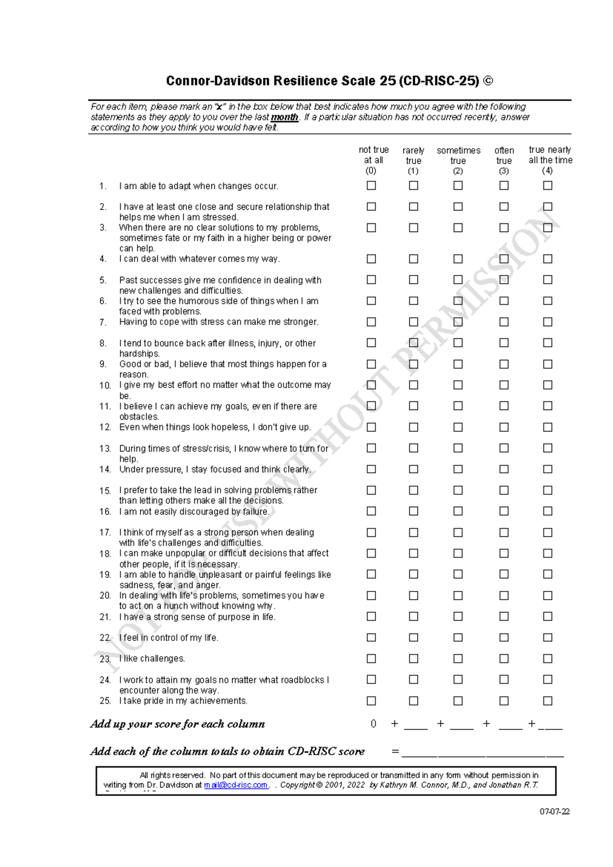 CD-RISC-25 Resilience Scale Assessment - Self-evaluation Tool - Studocu