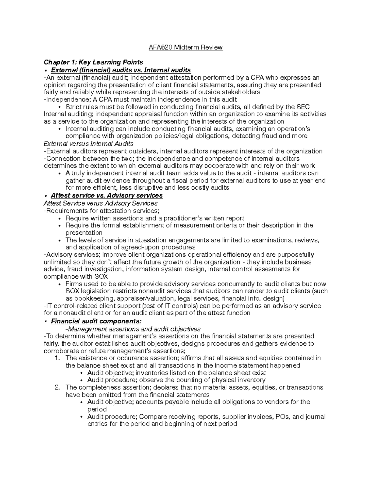 AFA620 Midterm Review: Key Points on Audits and Compliance - Document Preview