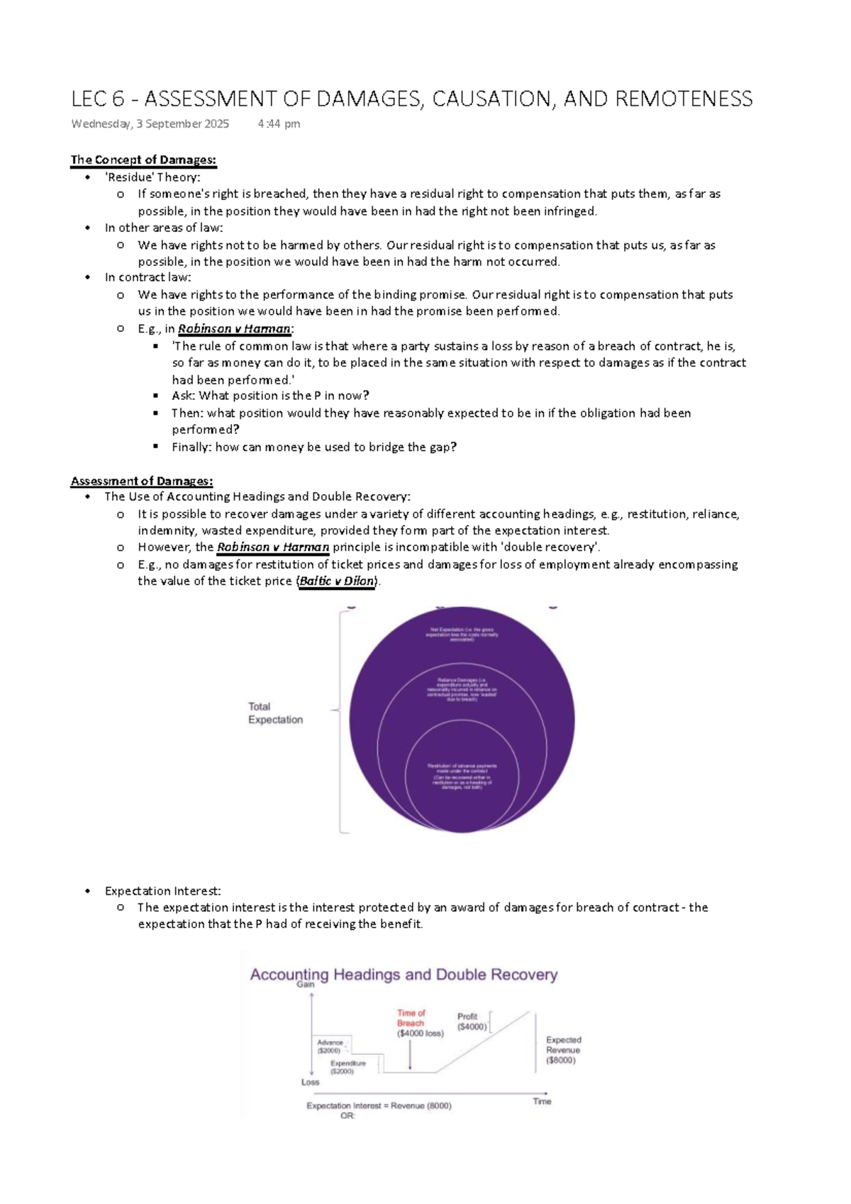 LEC 6 - Assessment of Damages, Causation, and Remoteness Overview - Studocu