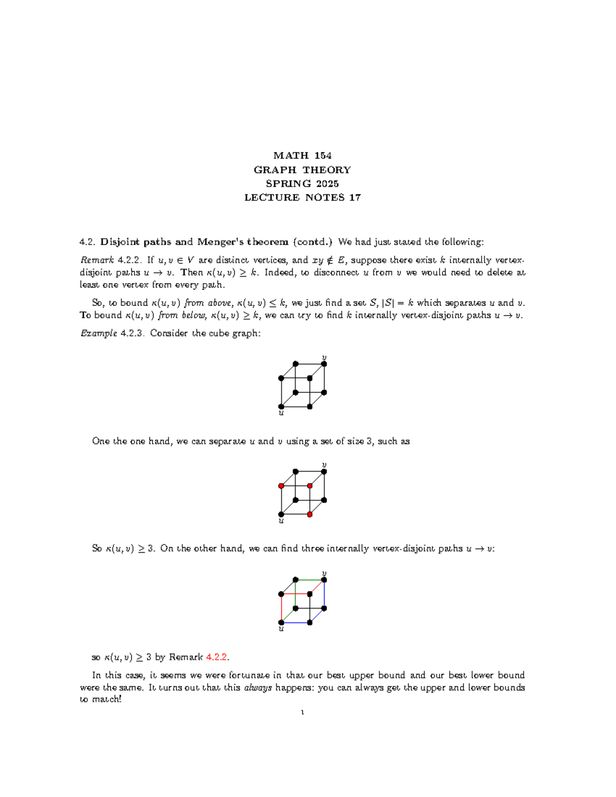 MATH 154 SPRING 2025 LECTURE NOTES: GRAPH THEORY 4.2 DISJOINT PATHS ...