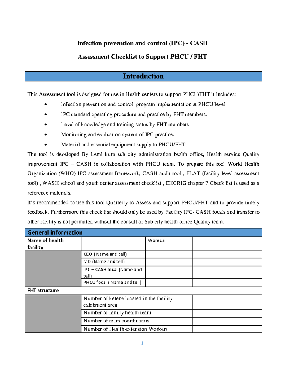 IPC CASH Assessment Checklist for PHCU Support and Improvement - Studocu