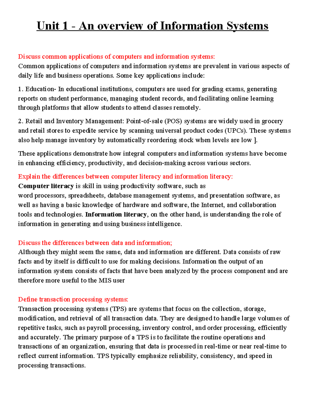 Unit 1 Notes: Overview of Information Systems (INSY) - Studocu