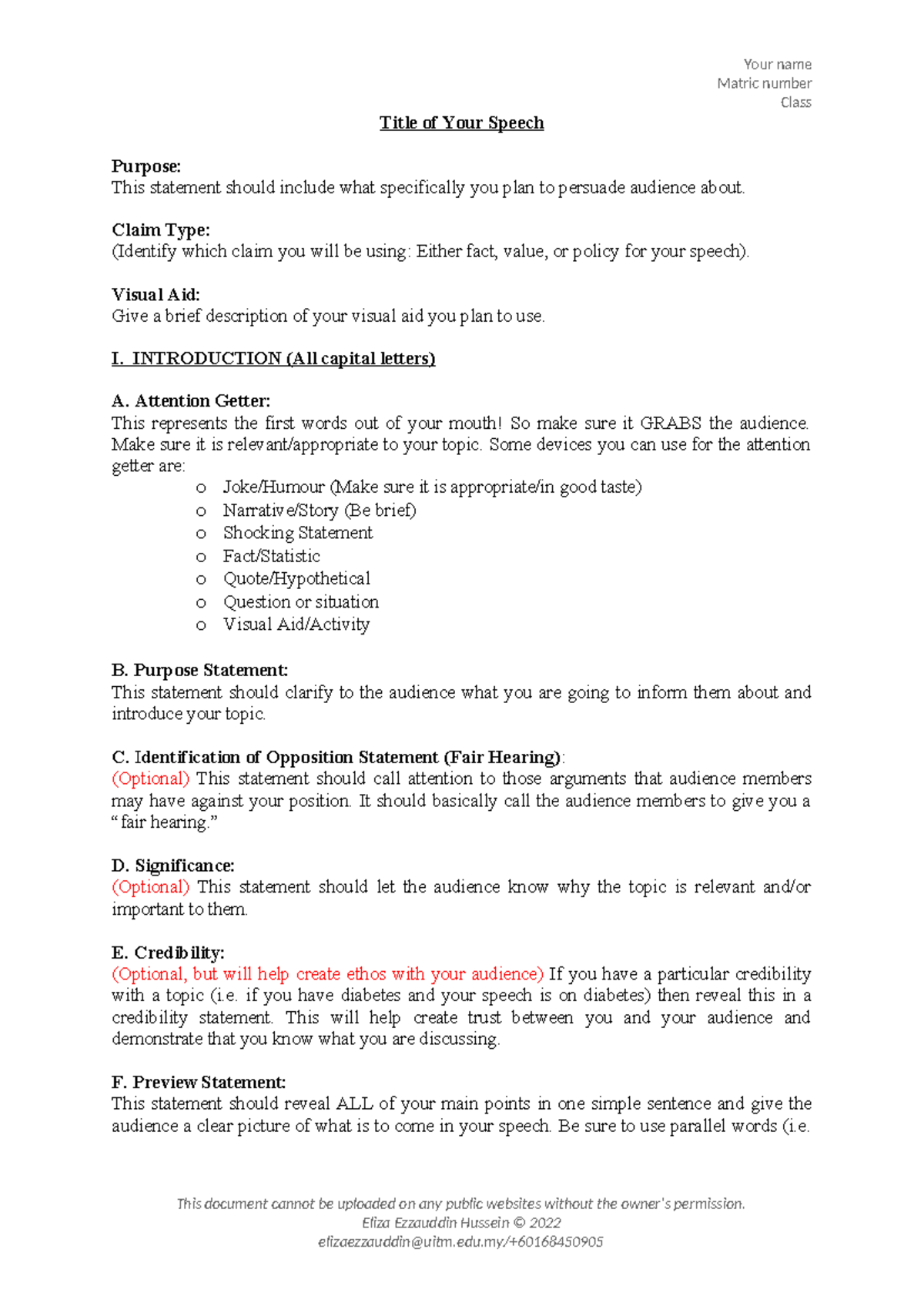 Structured Guidelines FOR Speech Outline - Your name Matric number ...