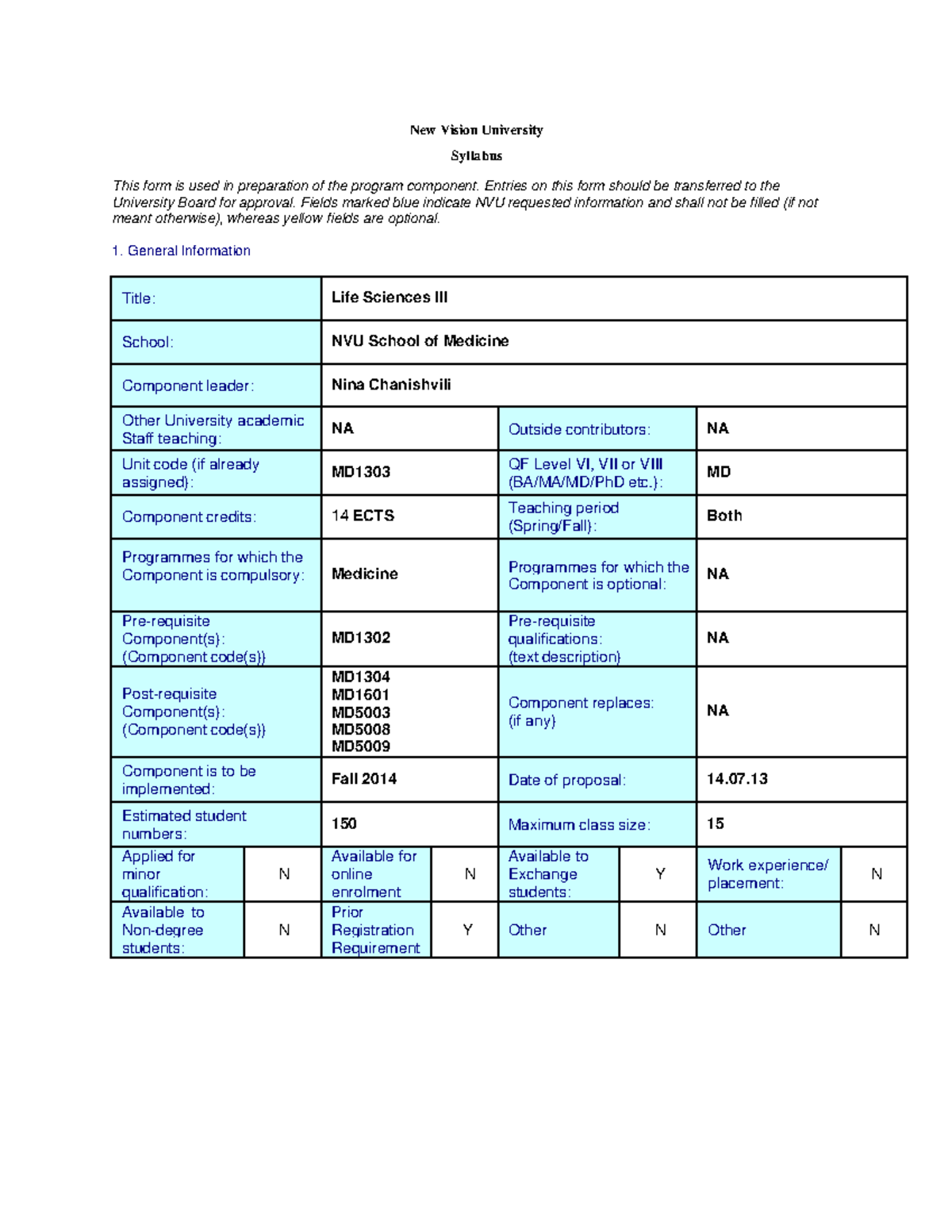 NVU - Life Sciences III - Course Syllabus and Learning Outcomes - Studocu