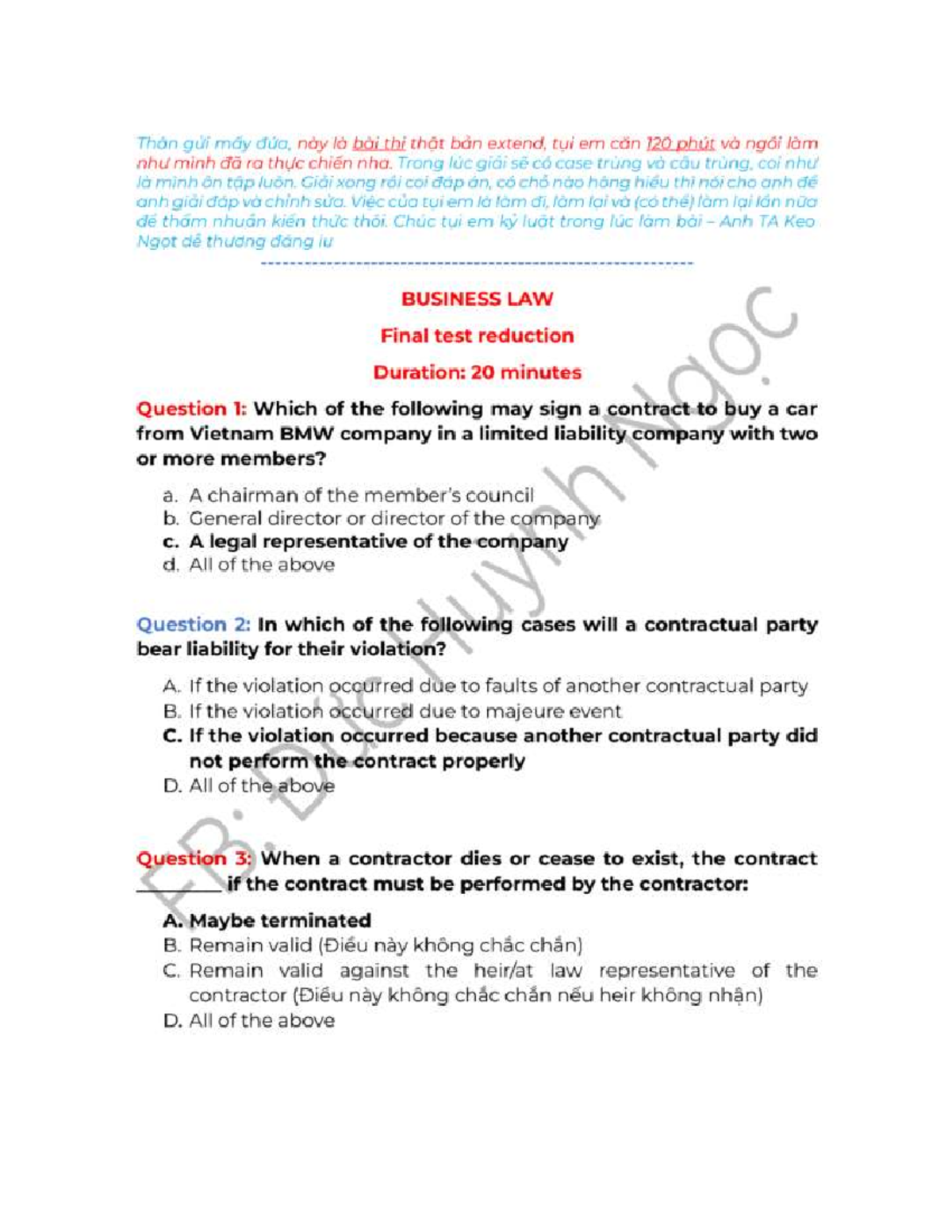 BUSINESS LAW Final Exam Review - De thi thu 1 Answer - Studocu