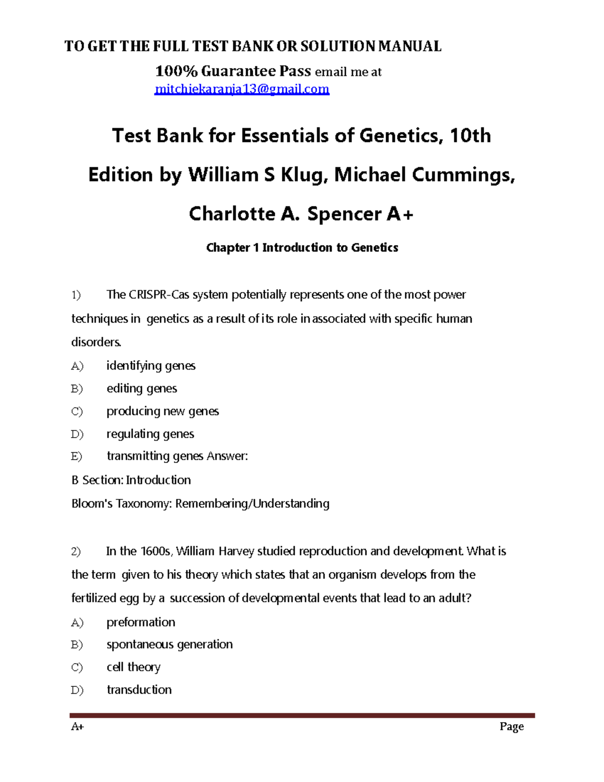 Test bank for essentials of genetics 10th edition by william s klug ...