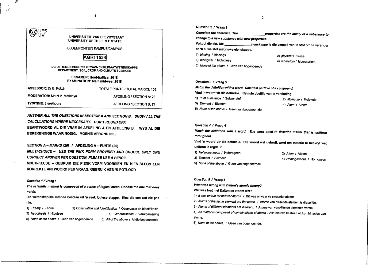 UFS AGRI 1534 Mid-Year Exam Paper 2018 - Studocu