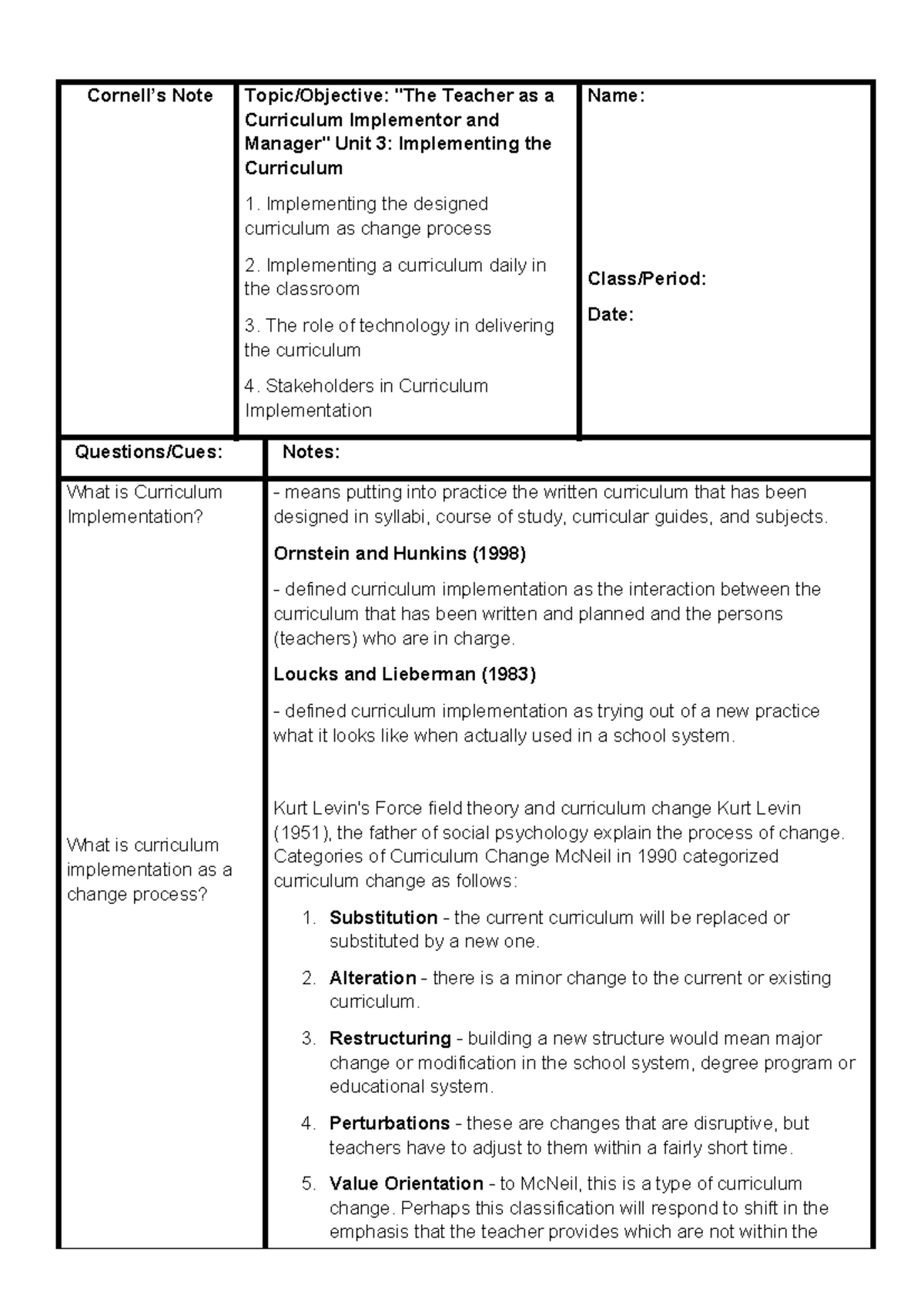 Cornell's Note 4 - Cornell's note - Cornell’s Note Topic/Objective ...
