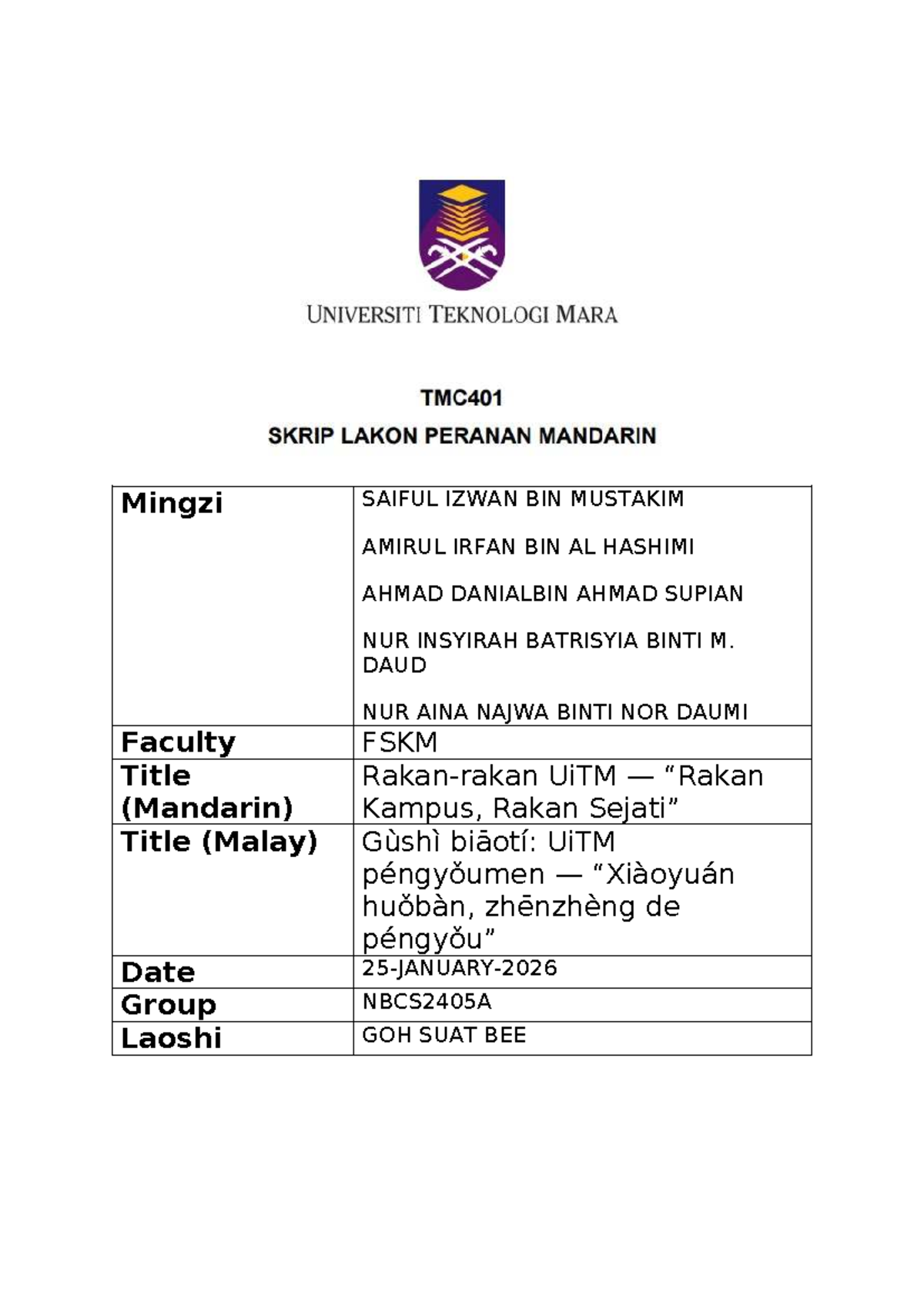 Kisah Persahabatan Lima Sahabat UiTM: Skrip Peranan TMC401 - Studocu