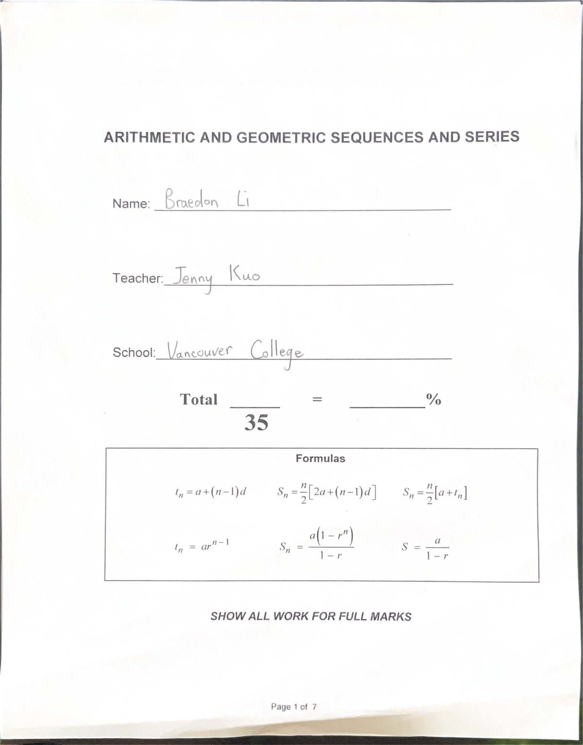 "Math 11: Arithmetic & Geometric Sequences and Series Notes" - Studocu