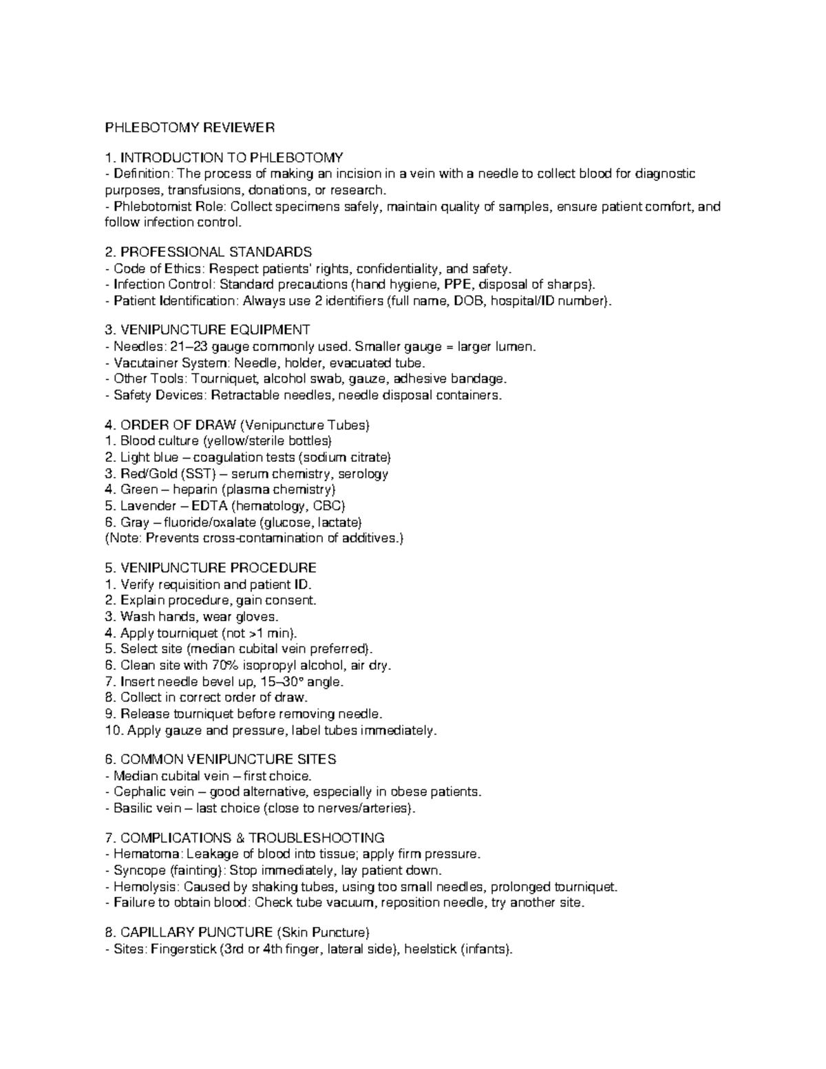 PHLEBOTOMY REVIEWER: KEY CONCEPTS & PROCEDURES - Studocu