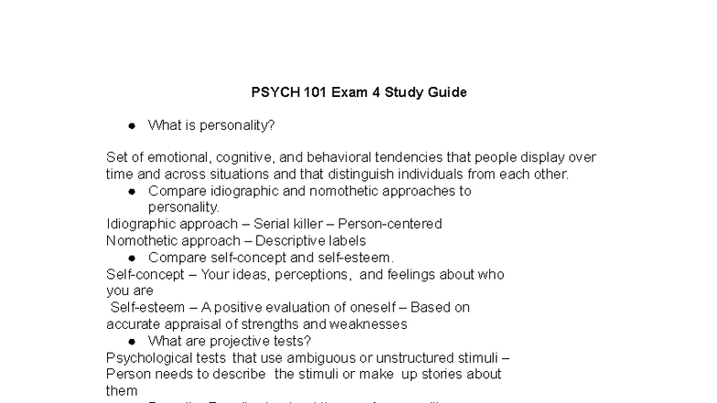 PSYCH 101 Exam 4 Study Guide: Understanding Personality and Disorders ...